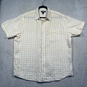 Lands' End 100% Linen Button Up‎ Shirt Traditional Fit Short Sleeve Checkered L